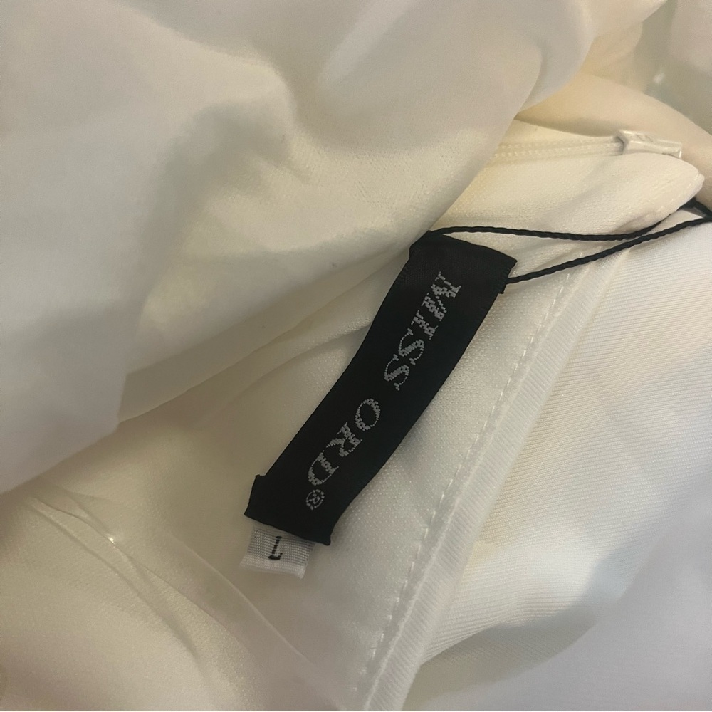 White One Shoulder Beaded Trim Ruched Side High Slit Dress Sz Large NWT - Picture 6 of 8